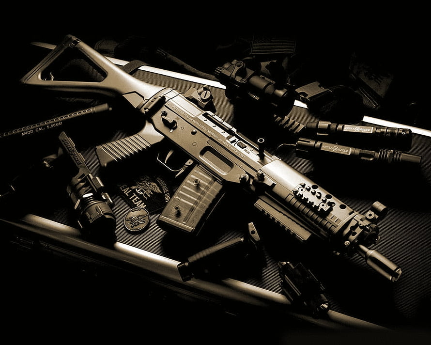 Sig 552 Commando Tactical Rifle with Accessories on Dark Surface HD wallpaper