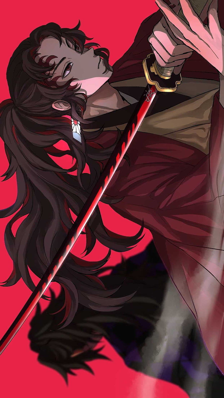 Yoriichi Tsugikuni Demon Slayer Anime Character with Katana on Red Background HD phone wallpaper