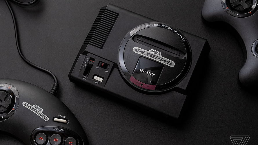 Sega Genesis Mini Retro Console With Classic 3-Button Controller On Dark Surface HD wallpaper