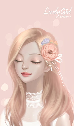 Soft Pastel Digital Illustration of a Serene Blonde Girl with Floral Hair Accessory HD phone wallpaper
