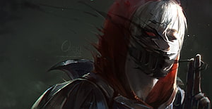 Zed from League of Legends in a dark anime style with glowing red eyes and a menacing expression HD wallpaper