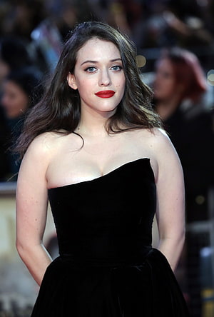 Kat Dennings in a Black Strapless Velvet Gown at a Red Carpet Event HD phone wallpaper
