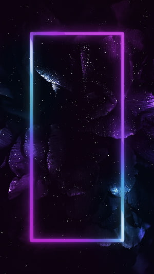 Glowing Neon Rectangle Frame Over Dark Cosmic Petals and Starfield HD phone wallpaper