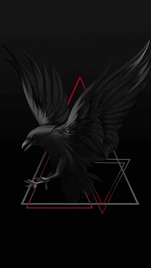 Dark Raven Bird with Geometric Triangles and Red Accents on Black Background HD phone wallpaper