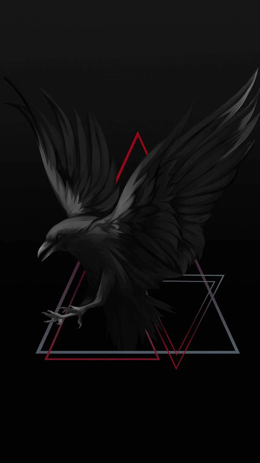 Dark Raven Bird with Geometric Triangles and Red Accents on Black Background HD phone wallpaper