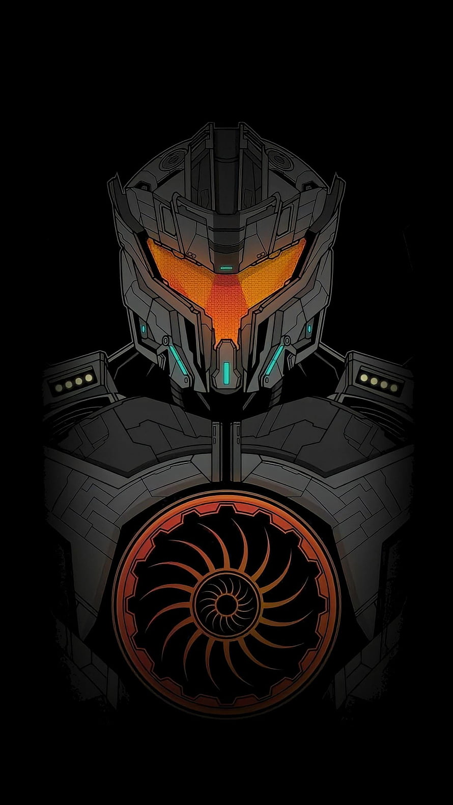 Pacific Rim Jaeger Mecha Armor with Glowing Orange Core and Dark Metallic Plating HD phone wallpaper