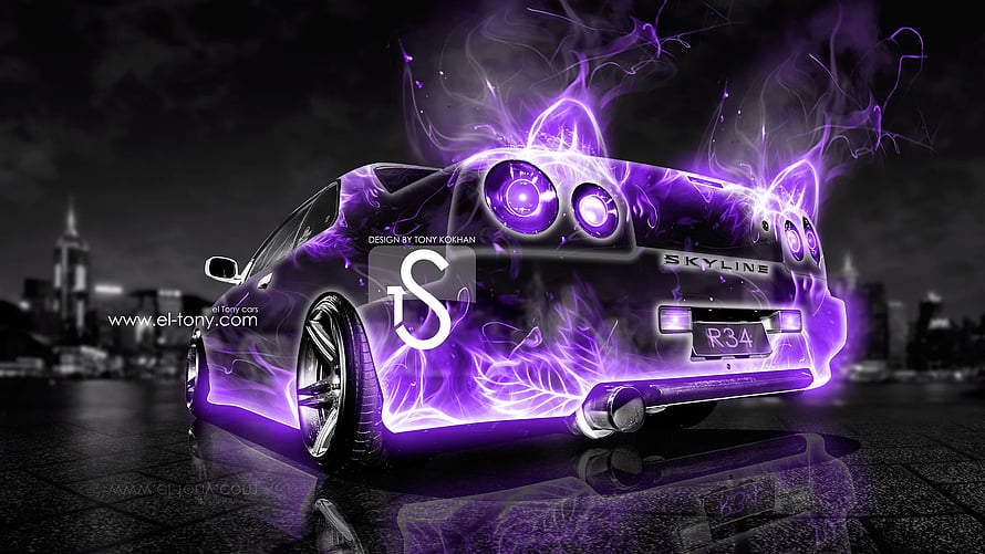 Nissan Skyline R34 GTR with purple electric energy effects and neon glow in a dark urban night setting HD wallpaper