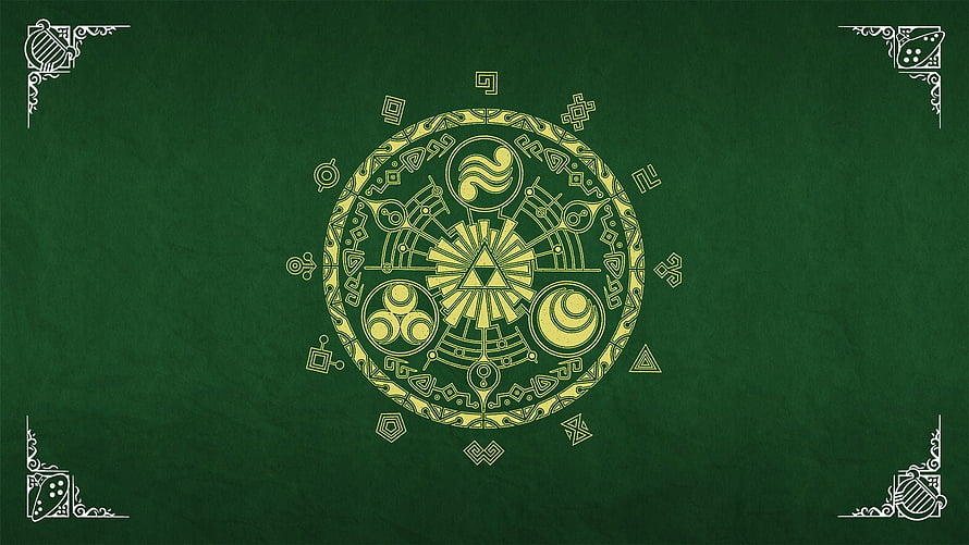 The Legend of Zelda Golden Triforce Mandala on Dark Green Background HD wallpaper