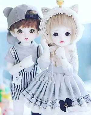 Cute BJD Doll Couple in Adorable Outfits with Animal Ears and Soft Pastel Tones HD phone wallpaper