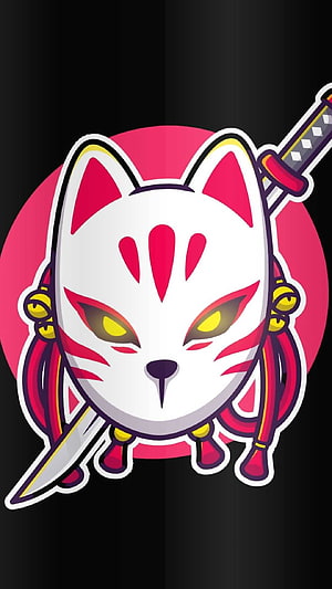 Stylized Kitsune Fox Mask with Katana and Red Sun on Black Background HD phone wallpaper