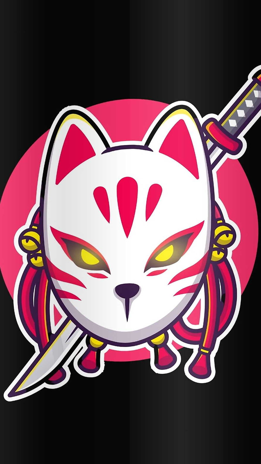 Stylized Kitsune Fox Mask with Katana and Red Sun on Black Background HD phone wallpaper