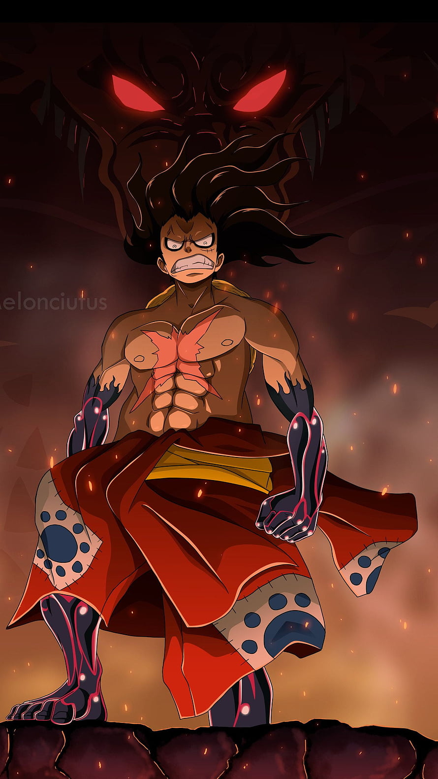 Monkey D. Luffy Gear Fourth Snakeman Form with Kaido Shadow in One Piece Anime Art HD phone wallpaper