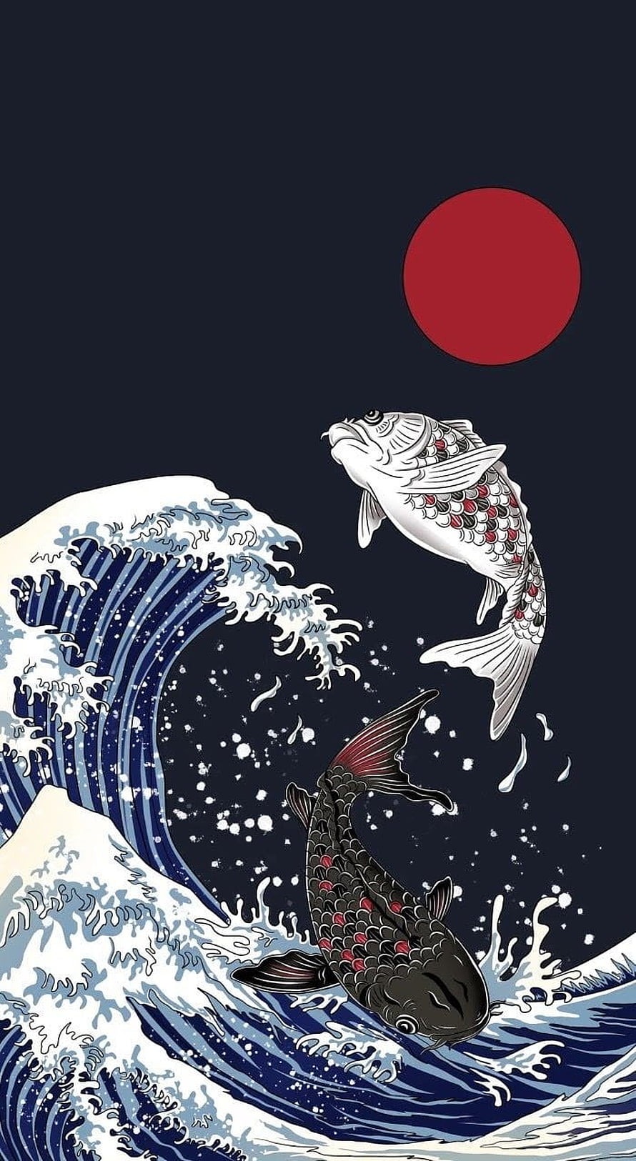 Japanese Ukiyo-e Style Koi Fish Leaping Over Waves With Red Sun HD phone wallpaper