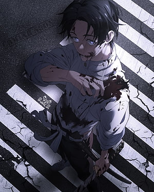 Yuta Okkotsu from Jujutsu Kaisen in a dark, blood-splattered anime illustration on a cracked crosswalk HD phone wallpaper