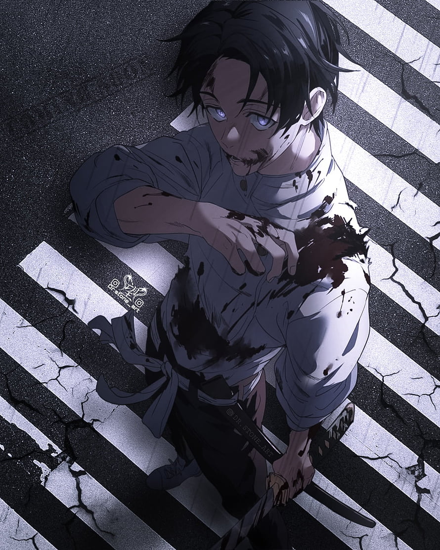 Yuta Okkotsu from Jujutsu Kaisen in a dark, blood-splattered anime illustration on a cracked crosswalk HD phone wallpaper