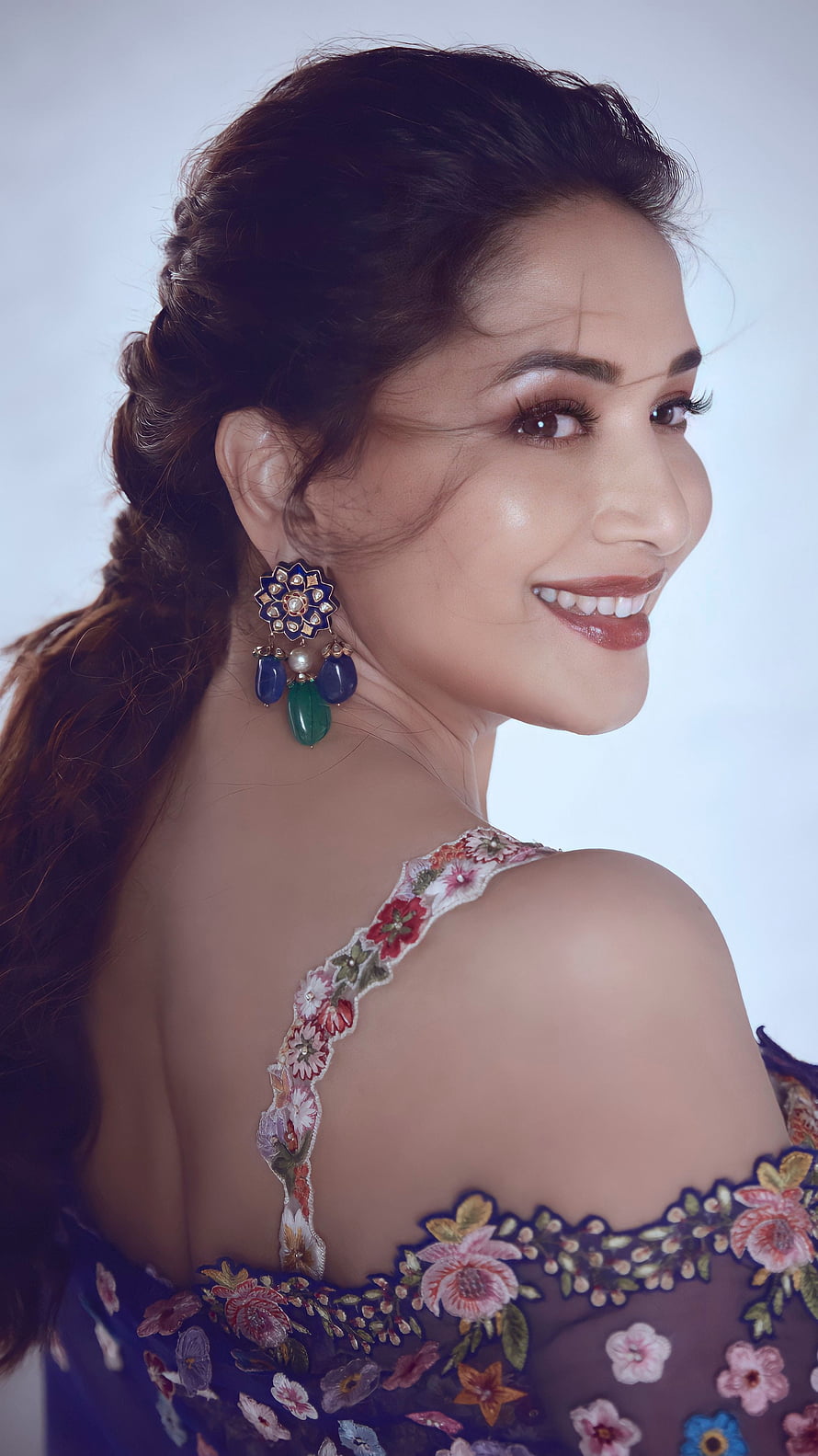 Madhuri Dixit in Floral Embroidered Gown with Intricate Jewelry HD phone wallpaper