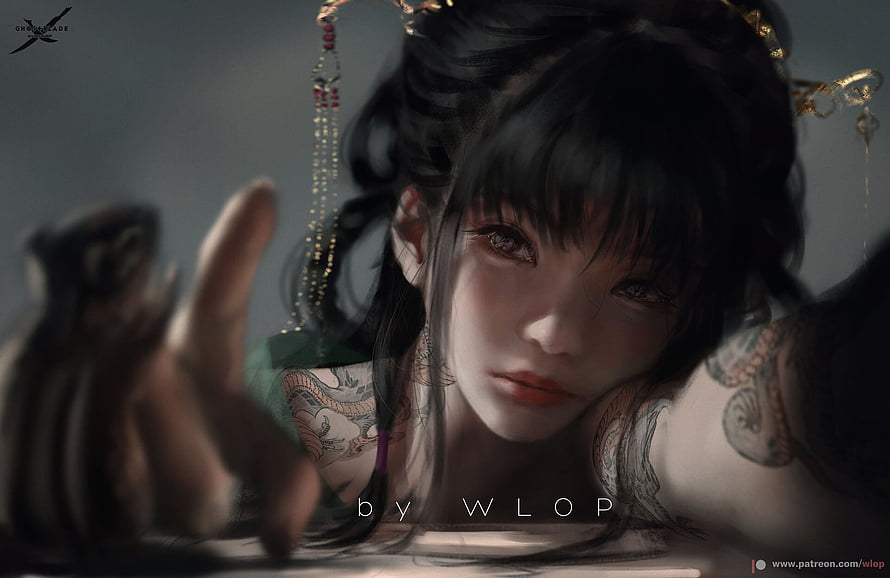 WLOP Digital Painting of a Tattooed Woman with Traditional Hair Ornaments HD wallpaper