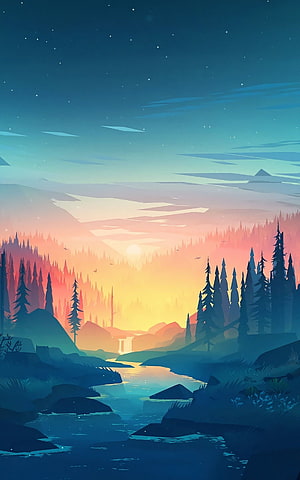 Flat Vector Mountain Landscape with River and Pine Trees at Sunset HD phone wallpaper