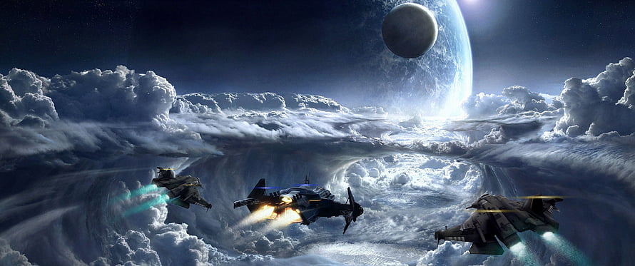 Star Citizen Space Fighters Flying Through Clouds Near a Distant Planet HD wallpaper
