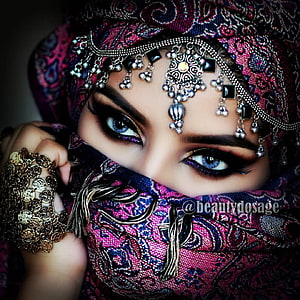 Close-up portrait of a woman in ornate traditional headwear with intricate silver jewelry and bold eye makeup, Beautiful Muslim Girls DP for WhatsApp, Beautiful Islamic Girls HD phone wallpaper