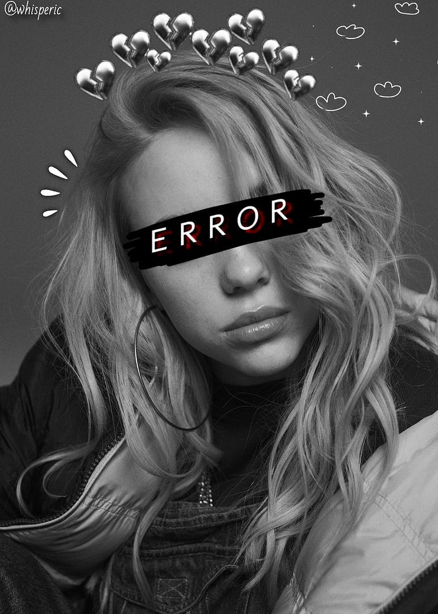 Billie Eilish Black and White Portrait with Error Text Overlay and Broken Heart Crown HD phone wallpaper