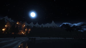 Minecraft Night Village with Glowing Lanterns and Full Moon Over Snowy Mountains HD wallpaper