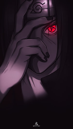 Itachi Uchiha Sharingan Close-Up in Dark Purple Anime Art Style HD phone wallpaper