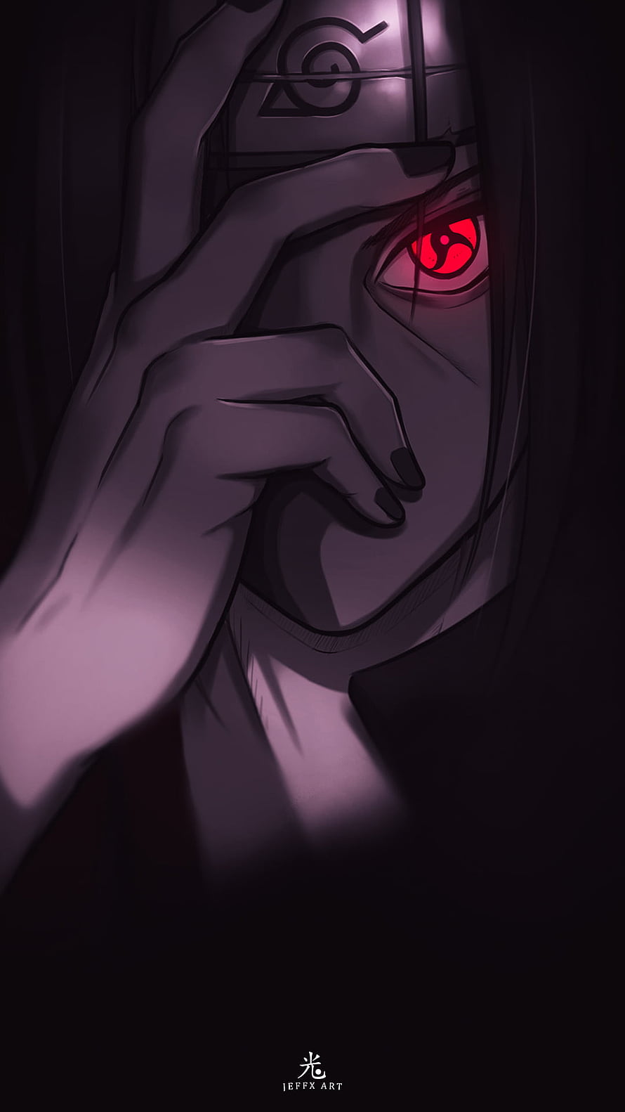 Itachi Uchiha Sharingan Close-Up in Dark Purple Anime Art Style HD phone wallpaper