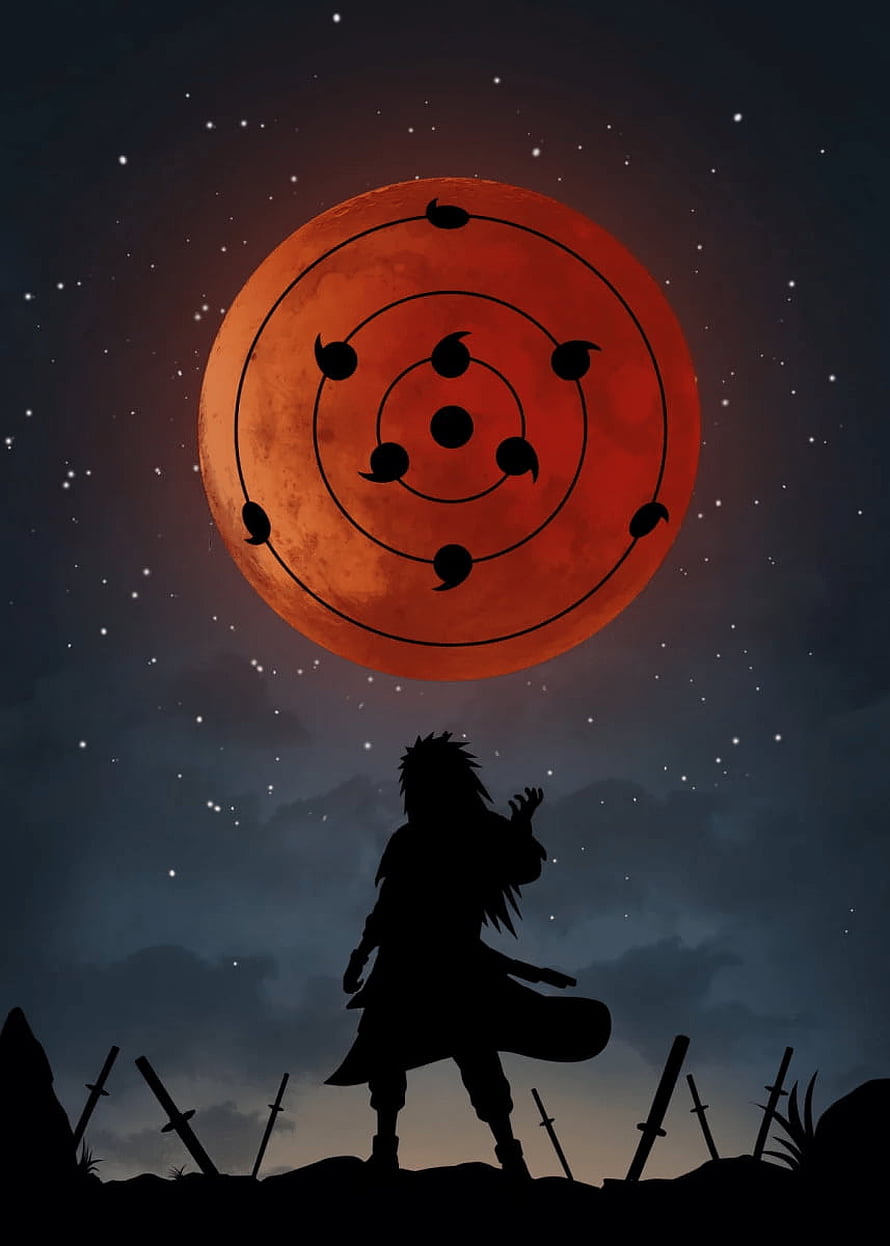 Madara Uchiha Silhouette Standing Before a Red Moon with Sharingan Pattern in a Starry Night Sky HD phone wallpaper