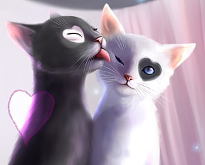 Tender Digital Painting of a Black and White Cat Affectionately Licking Each Other HD wallpaper