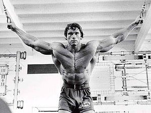 Arnold Schwarzenegger performing cable flyes during a bodybuilding competition HD wallpaper