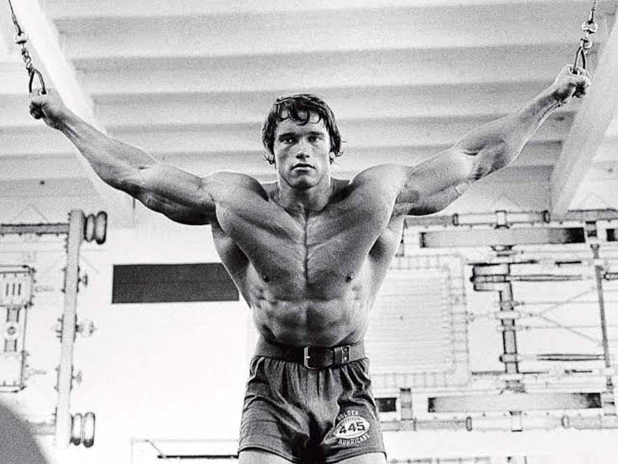 Arnold Schwarzenegger performing cable flyes during a bodybuilding competition HD wallpaper