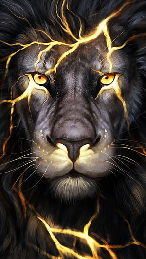 Majestic Black Lion Portrait with Golden Lightning and Glowing Amber Eyes HD phone wallpaper