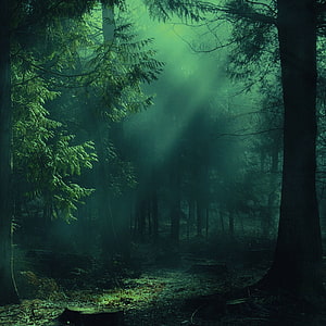 Misty Evergreen Forest with Sunbeams Filtering Through Dense Pine Canopy HD phone wallpaper