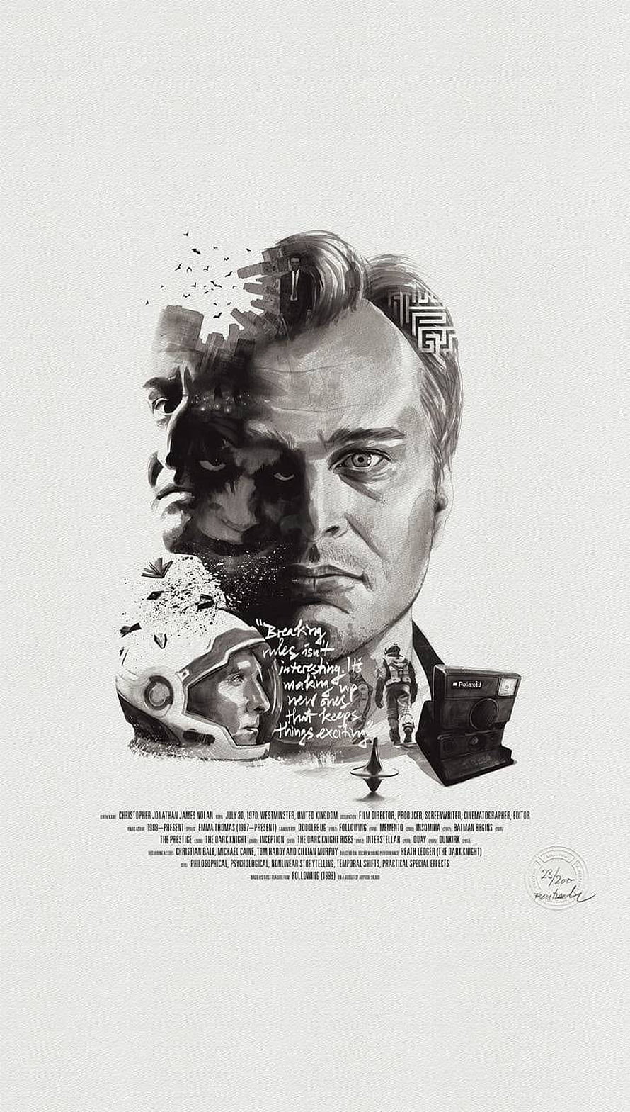 Christopher Nolan Cinematic Tribute Poster Featuring Filmography and Iconic Characters HD phone wallpaper
