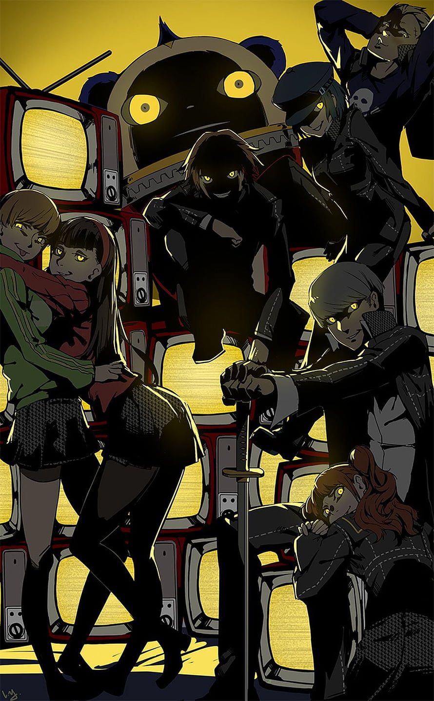 Persona 4 Golden Character Group Art with Teddie and Yellow Glowing Eyes HD phone wallpaper