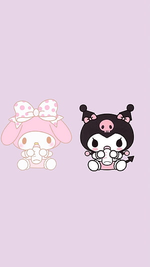 Cute My Melody and Kuromi Baby Characters Sipping Milk on Soft Pink Background HD phone wallpaper