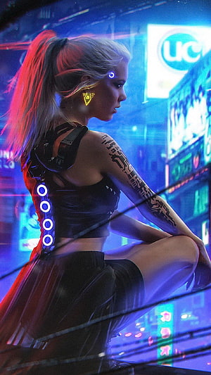 Cyberpunk Woman with Neon Implants in Futuristic Cityscape, cyberpunk: Cyberpunk Girl Mobile HD phone wallpaper