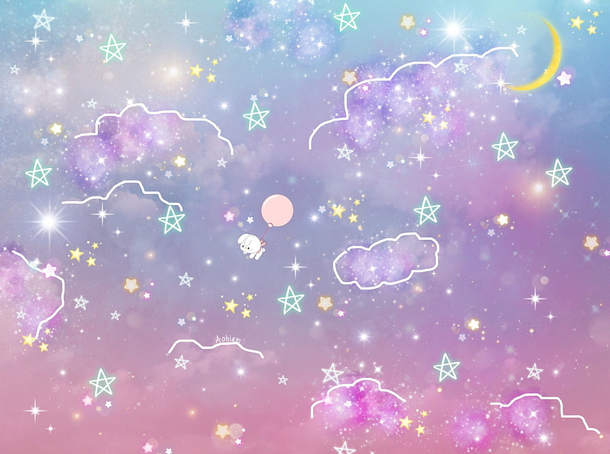 Dreamy Pastel Sky with Cute Bunny, Stars, and Clouds HD wallpaper