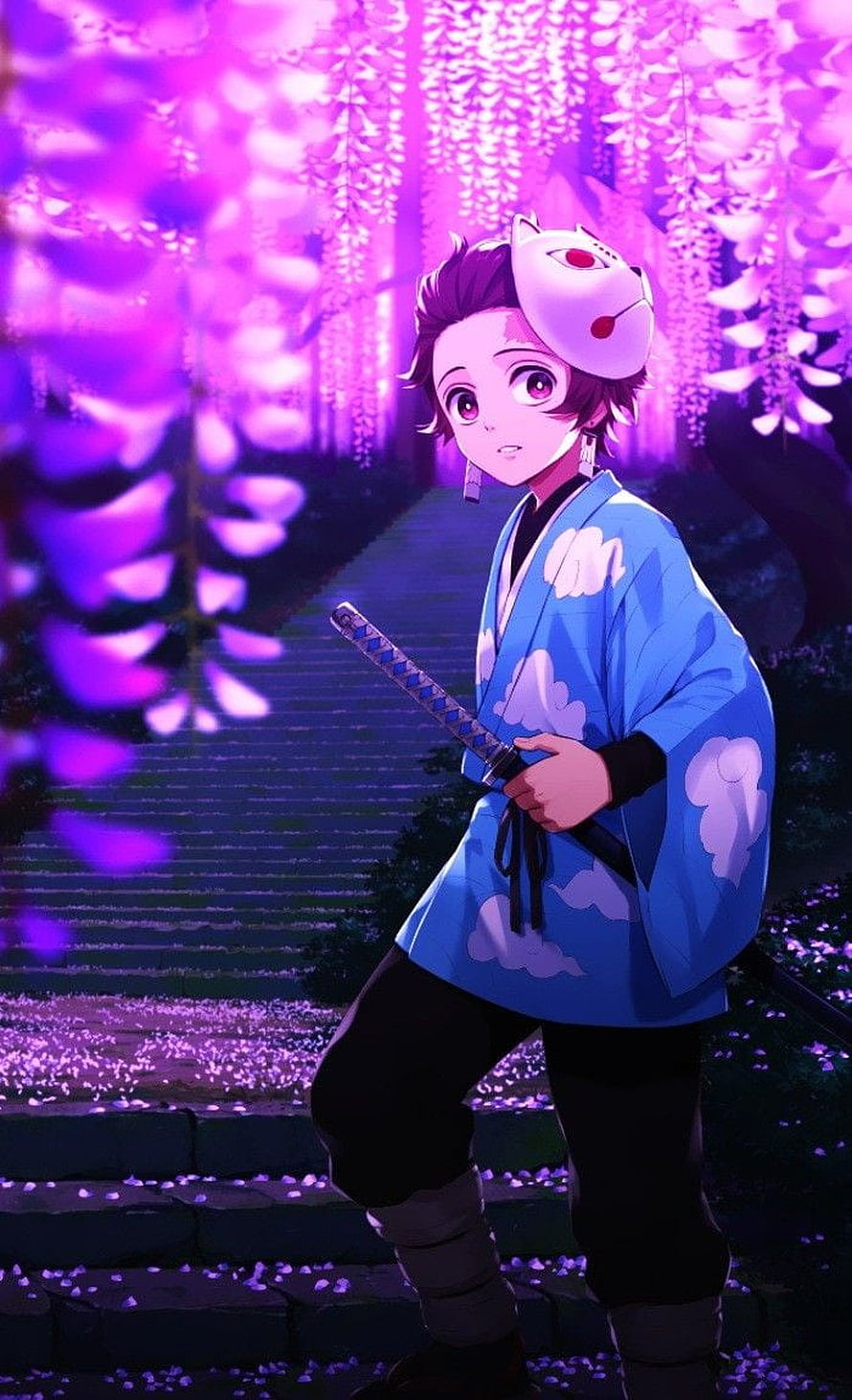 Demon Slayer Tanjiro Kamado in Blue Kimono Under Purple Wisteria Blossoms HD phone wallpaper