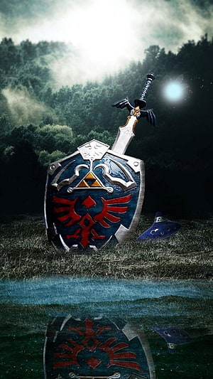 The Legend of Zelda Ocarina of Time Hylian Shield and Master Sword in Misty Forest HD phone wallpaper