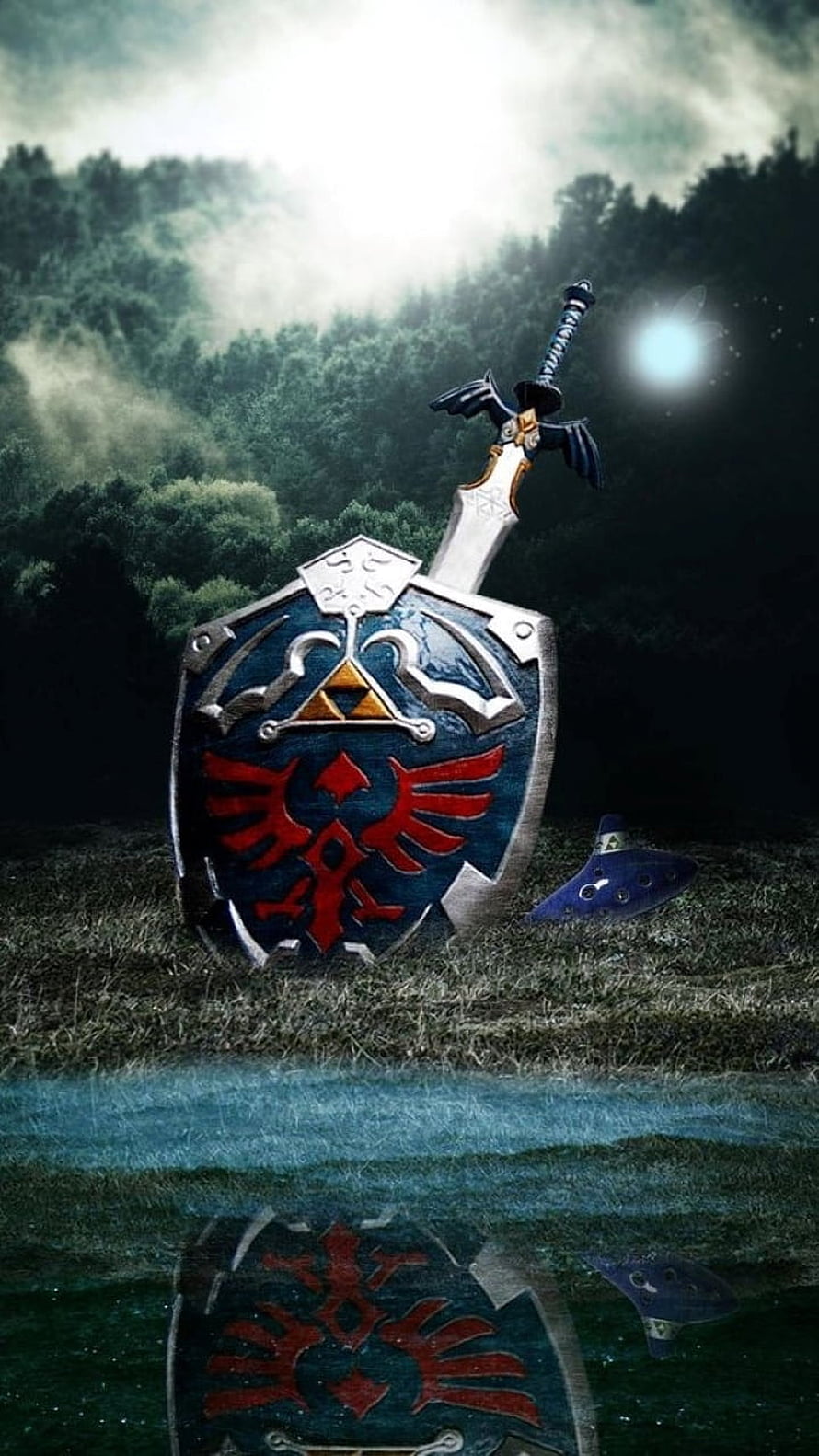 The Legend of Zelda Ocarina of Time Hylian Shield and Master Sword in Misty Forest HD phone wallpaper