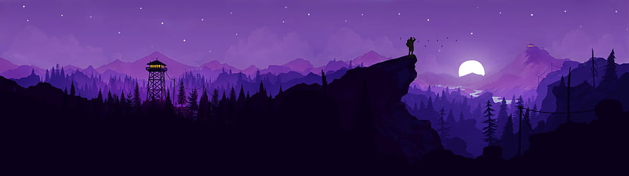 Firewatch Nighttime Mountain Landscape with Silhouetted Ranger and Watchtower HD wallpaper