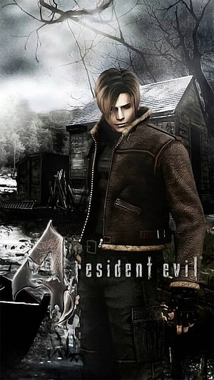 Leon S. Kennedy in Resident Evil 4 standing in a misty village with a large blade HD phone wallpaper