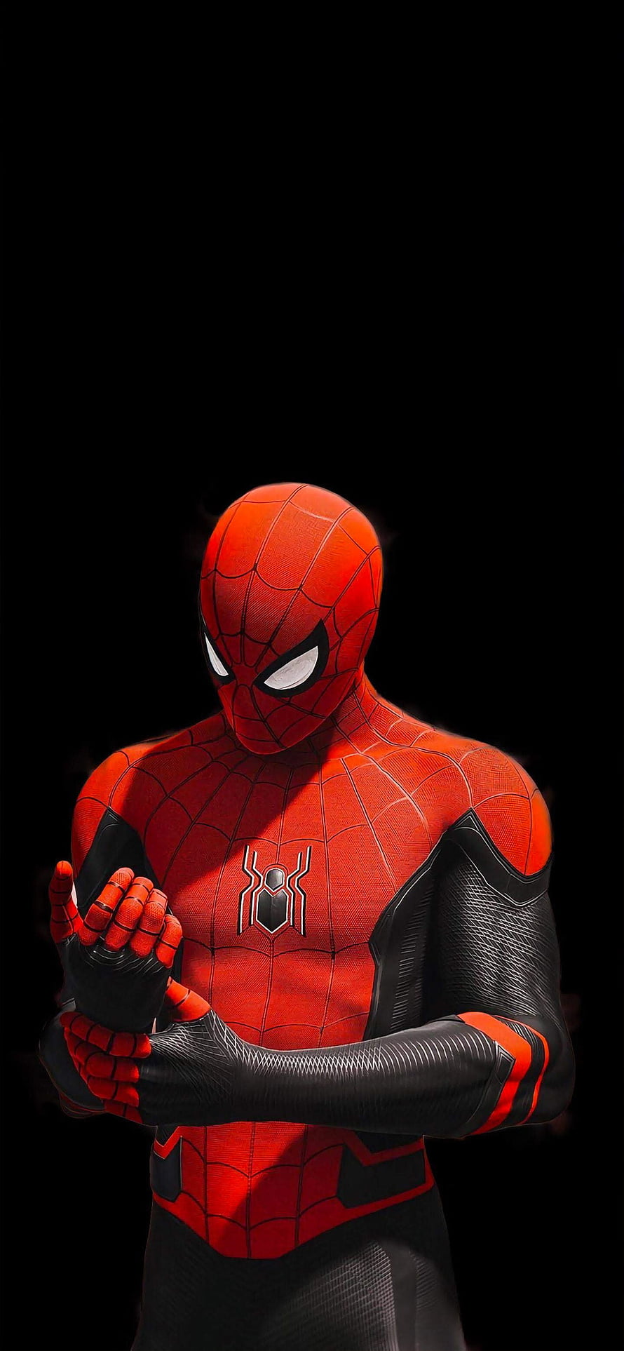 Spider-Man in Advanced Red and Black Suit with Web Pattern on Black Background HD phone wallpaper
