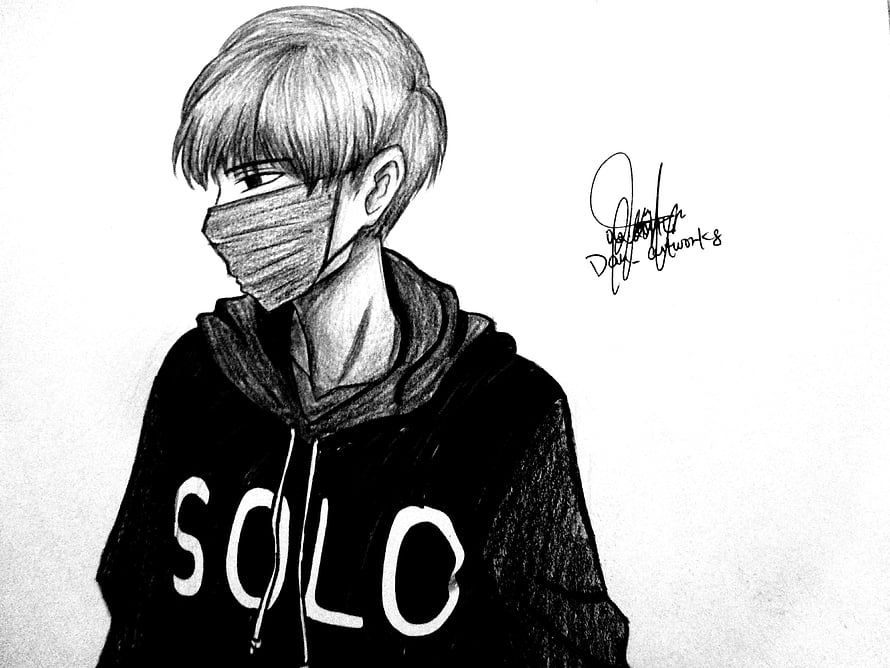 Black and White Pencil Sketch of a Sad Anime Boy Wearing a Face Mask and Hoodie HD wallpaper