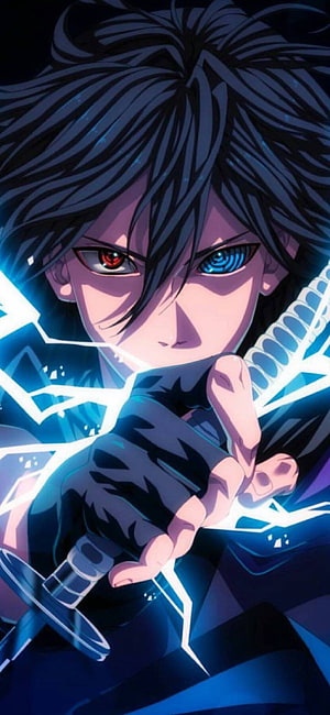 Sasuke Uchiha Sharingan and Rinnegan Eyes with Chakra Sword in Dark Blue Anime Style HD phone wallpaper