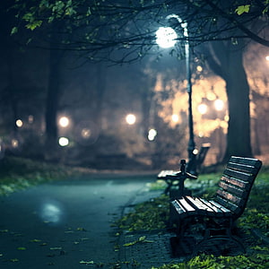 Moody Park Bench Under Street Light at Night with Misty Autumn Atmosphere HD phone wallpaper