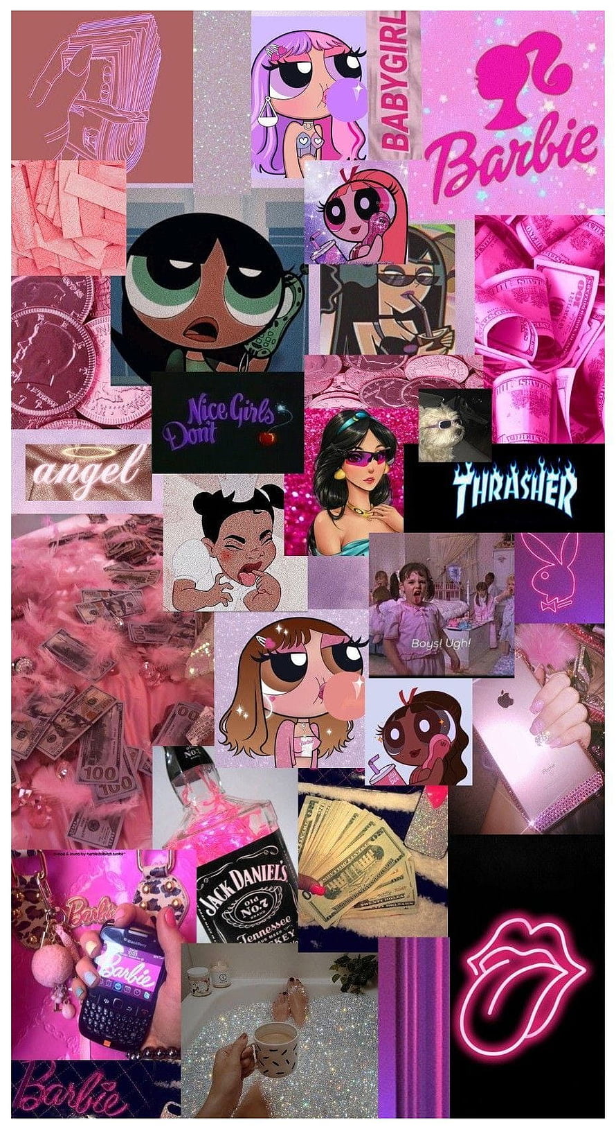 Pink Aesthetic Collage Featuring Powerpuff Girls, Barbie, and Y2K Streetwear Culture HD phone wallpaper