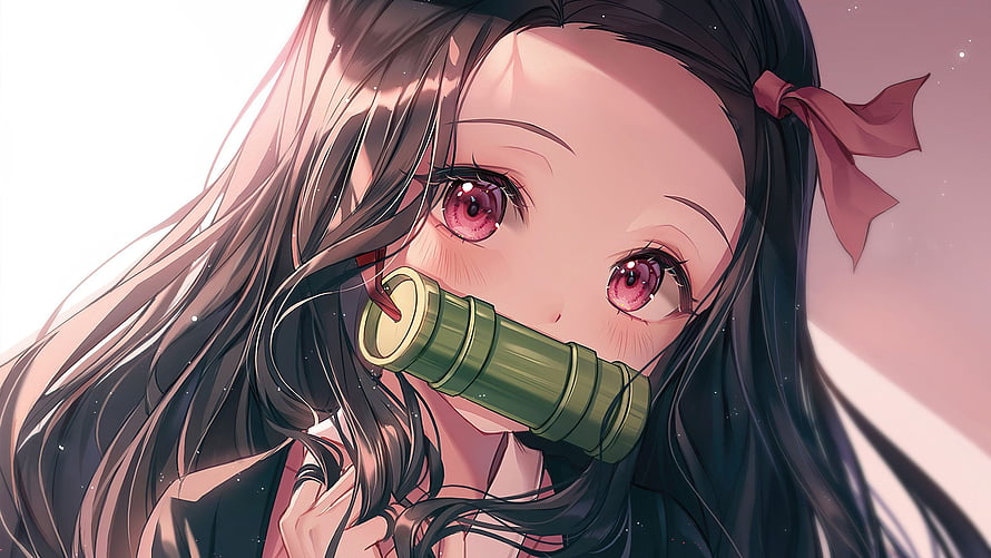 Nezuko Kamado Anime Portrait with Bamboo Cuff and Red Eyes HD wallpaper